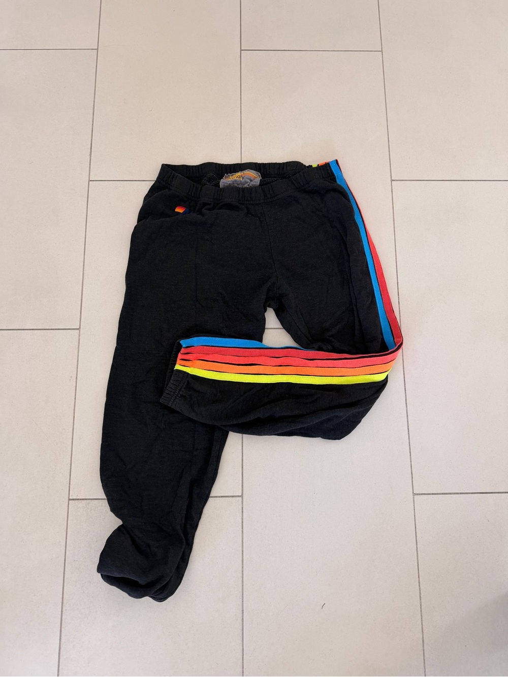 Aviator Nation Charcoal Sweatpants with Bright Yellow, Red & Blue Side Stripes - Picture 2 of 3